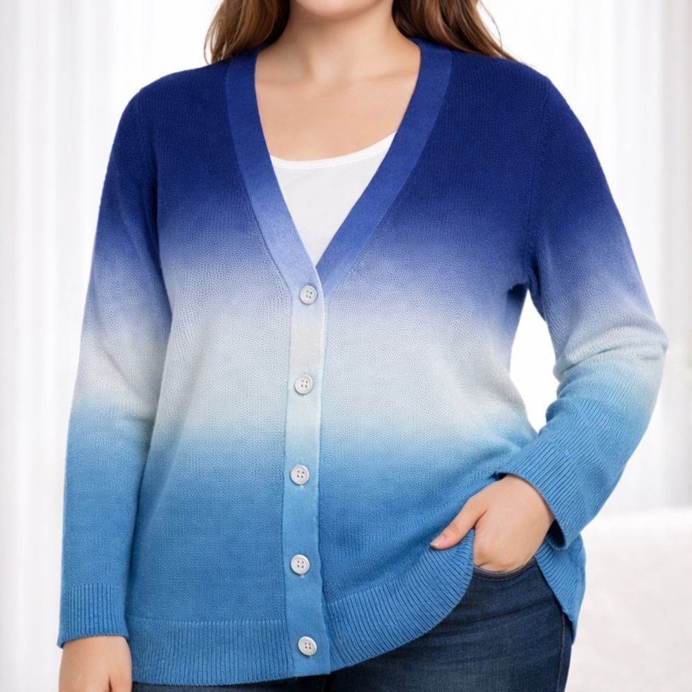 Talbots Womens Girlfriend Dip Dye Ombre Cardigan Sweater L Blue V-Neck Button Up